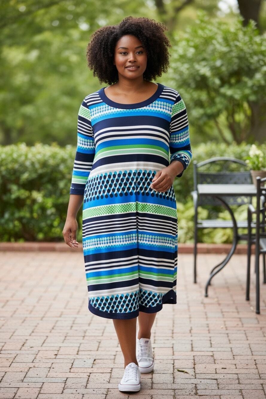 Vince Camuto Striped Sheath Dress Size 14 Blue Green Geometric 3/4 Sleeve Career